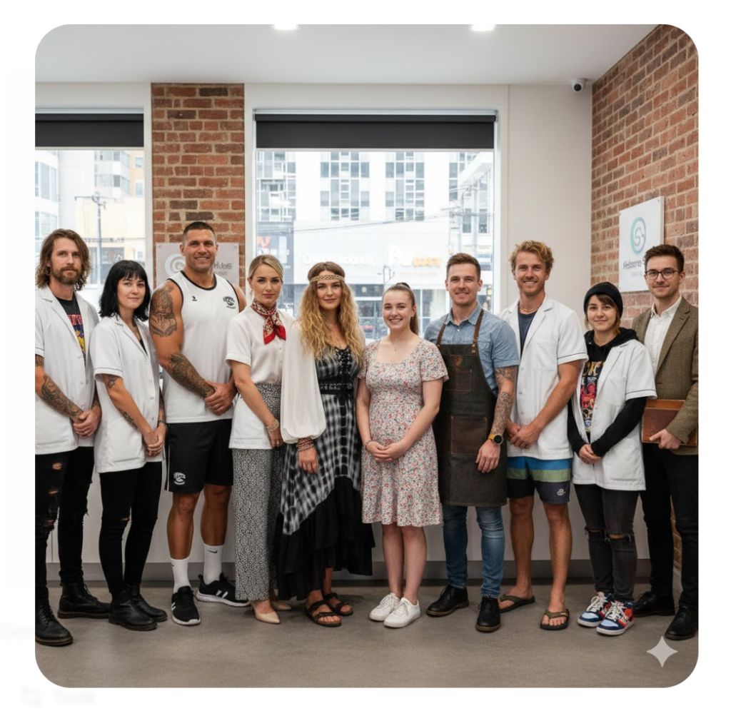 dental clinic staff photo showing a range of Melbourne archetypes in white dental jackets but still showing typical Melbourne clothes underneath - eg of 12 staff, one is grunge, one a goth, one a trendy sophisticated Melbourne Asian female, one a hippie, one an AFL player, one a female executive, one a suburban girl-next-door, one a musician, one a surfie