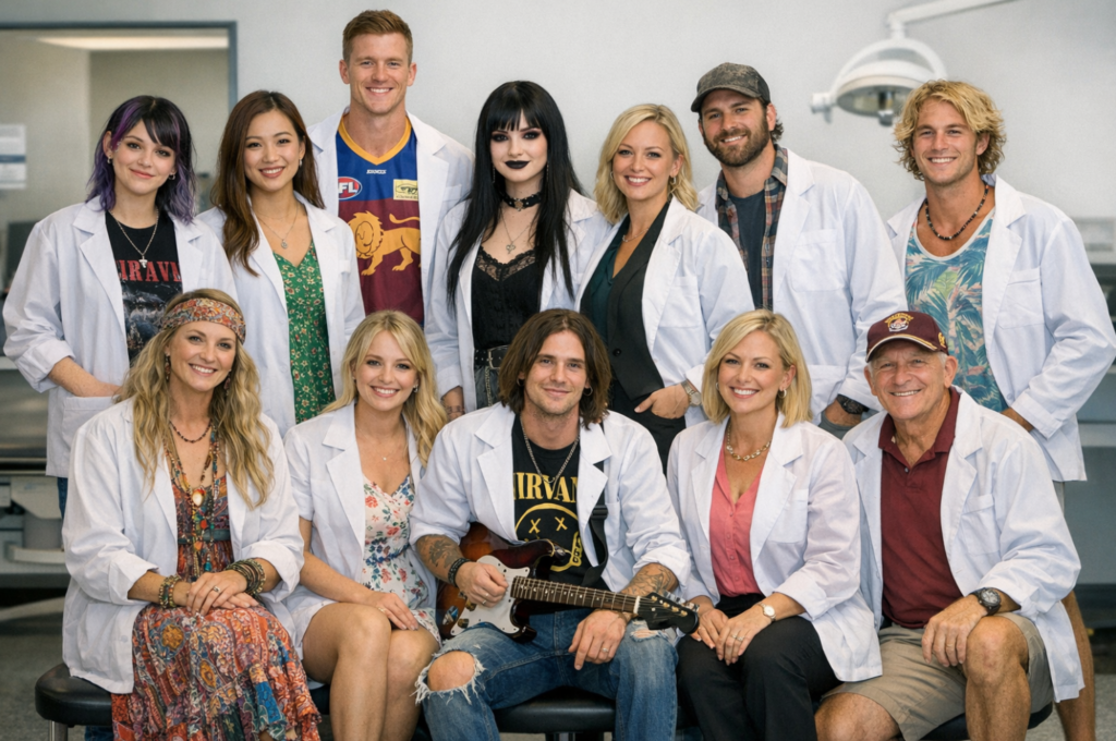 dental clinic staff photo showing a range of Brisbane archetypes in white dental jackets but still showing typical Brisbane clothes underneath - eg of 12 staff, one is grunge, one a goth, one a trendy sophisticated Brisbane Asian female, one a hippie, one an AFL player, one a female executive, one a suburban girl-next-door, one a musician, one a surfie